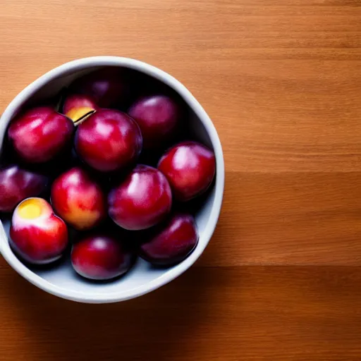 Image similar to photo of a thick porcelain bowl filled with a few moist freshly picked plums on a wooden table. volumetric lighting. 4 k. small scale. realistic. top down.