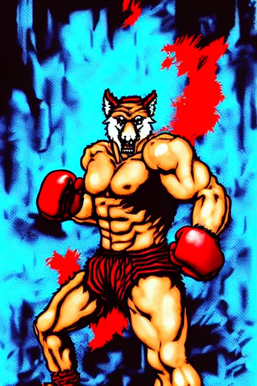 Image similar to extreme long shot. 8 bit nes graphics. antropomorphic muscular masculine wolf. kickboxer fighter, in shorts. wolf head. fine details, very sharp, art from nes game cartridge, 8 0's, vhs artefacts, vaporwave style, marc simonetti and hermann nitsch. streetfighter, kung fury