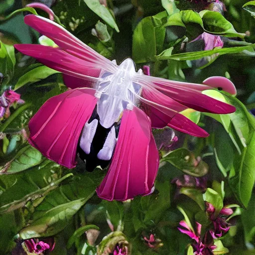 Image similar to rose chafer with quadcopter drone wings creating turbulence above rose flowers black background