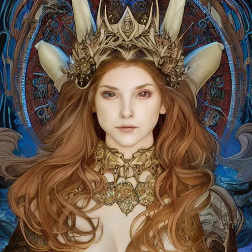 Image similar to portrait of the dragon queen by artgerm and H R Giger and alphonse mucha, Dragon in dragon lair, HD, full body dragon concept, flying dragon, Human body with dragon features, beautiful queen, perfect face, ray tracing, 4k realistic 3d rendered portrait, soft shading, soft colors, relaxed colors, hyperdetailed, wide angle lens, fantasy, futuristic horror, armor style of giger