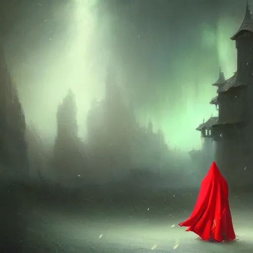 Image similar to ''cinematic shot'' red hooded wizard with bells ringing simetrical 8 k atmosferic realistic, wearing a green cape, holding a bell, made by ivan aivazovsky, peter mohrbacher, greg rutkowski volumetric light effect broad light oil painting painting fantasy art style sci - fi art style realism premium prints available artwork unreal engine