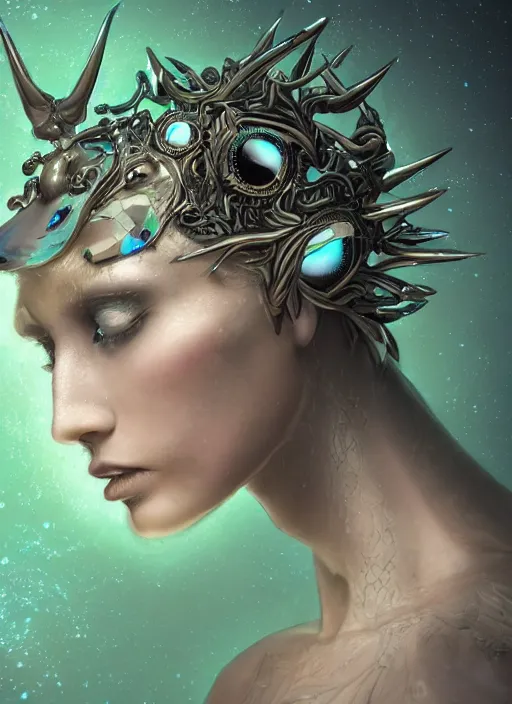 Image similar to a hybrid humanoid androgyne muse with recursive horned wing crown attached to side of head, concept art, alien-like, sculpted iridescent optical mineralogy features, intricate detail, holographic, pixel sorting, style by James Jean, circuitry, organic detail, asymmetry, cinematic, epic wide shot, ultra detailed, artstation, sharp focus,smooth, cinematic lighting, cinematic detail, composition, photorealistic, render in unreal engine 5, golden ratio, 8k render