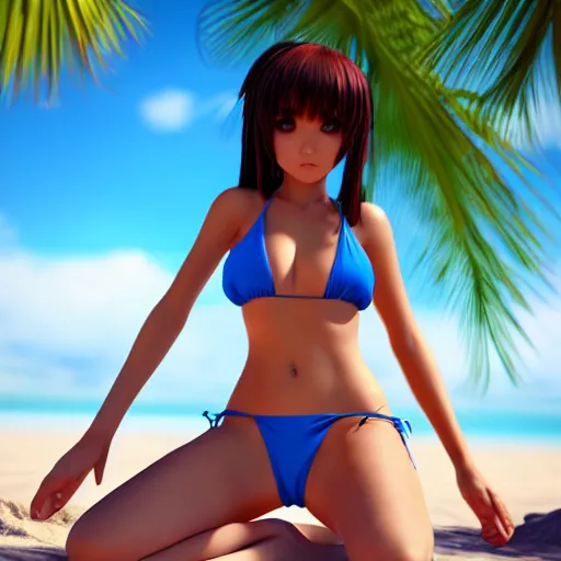 Image similar to Beautiful anime babe wearing a bikini at the beach, Highly Detailed, Photorealism, HD quality, 8k resolution, cinema 4d, 3D, unreal engine 5, high quality, beautiful, cinematic
