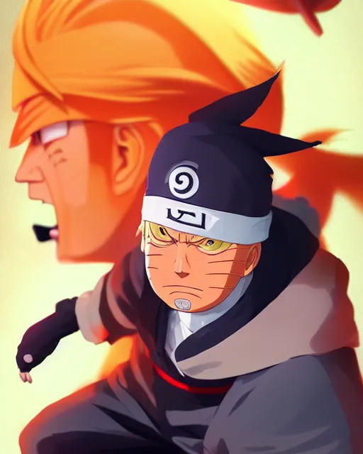 Prompt: donald trump in naruto as a hidden leaf village ninja, medium shot close up, details, sharp focus, illustration, by jordan grimmer and greg rutkowski, trending artstation, pixiv, digital art