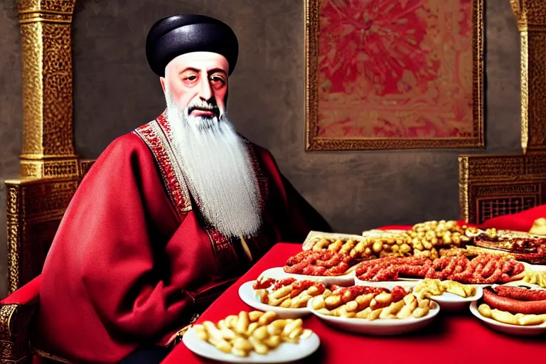 Image similar to Ottoman Sultan Mehmet IV sitting by a table full of delicious hot dogs, wearing big ovular turban and a luxurious Ottoman coat, mid-shot, cold lighting, photography from Vogue Magazine, neat, precise, realistic, detailed facial features, expressive, photorealistic, hyperrealism, micro details, HDR Shot, in the style of Martin Schoeller