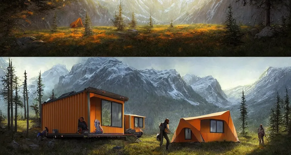 Image similar to cabela's beautiful comfortable carbon framed, modular insulated wall portable container home kit - house all weather family dwelling tent house, person in foreground, mountainous forested wilderness open fields, beautiful views, painterly concept art, environmental concept art, concept art illustration, by james gurney, by craig mullins, by greg rutkowski trending on artstation