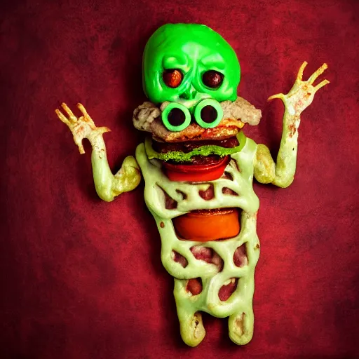 Image similar to a humanoid bipedal upright zombie that strongly resembles a hamburger, professional food photography