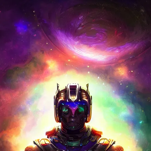 Image similar to photorealistic fantasy cosmic concept art of a cosmic god with armor made out of planets and dark matter, hovering in a unknown galaxy, fully body portrait, cinematic, dynamic lighting, ultra detailed, creative, trending on art station, stunning visuals, creative