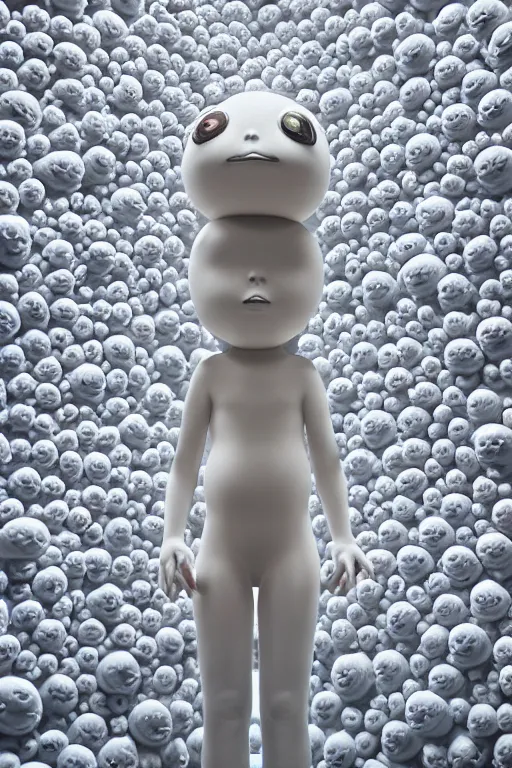 Image similar to full head and shoulders, beautiful porcelain female person, mixed with three giant frog spawn eyes, smooth, delicate facial features, white detailed eyes, white lashes, 3 d white shiny thick, wearing colourful streetwear, background is an empty art gallery, by daniel arsham and james jean, featured in pictoplasma