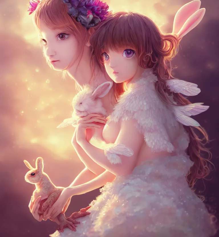 Prompt: Portrait of a cute elegant Toad with angelic white wings on her back, holding a magical rabbit, luxurious neckless, sunset, warm spring, slim face, detailed face, centered close-up, fantasy, anime, vibrant, colorful, depth of field, intricate details, trending on ArtStation, Deviantart, by WLOP