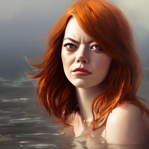 Prompt: a closeup portrait of a emma stone, dramatic light, lake background, sunset, dark, painted by stanley lau, painted by greg rutkowski, painted by stanley artgerm, digital art, trending on artstation