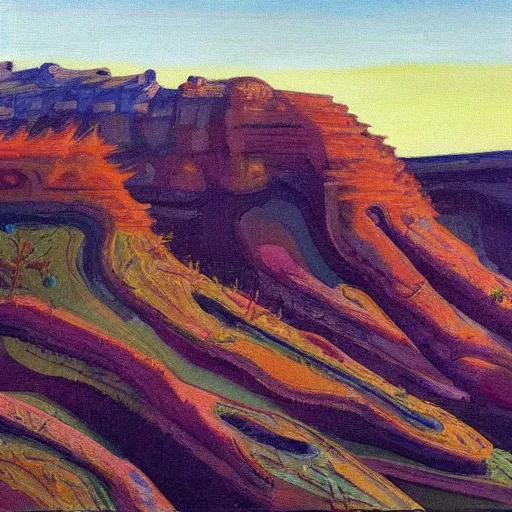 Prompt: painting of a lush natural scene on an alien planet by wayne thiebaud. beautiful landscape. weird vegetation. cliffs and water.