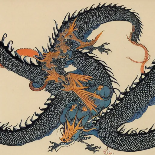 Image similar to a fractal dragon by hokusai, by james jean, by bosch