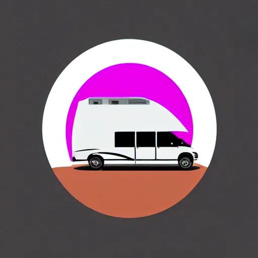 Image similar to very very very minimal vector graphic of a white and black thor chateau motorhome, color highway, mountains and sunset!!, all enclosed in a circle, white background, dramatic, professional minimal graphic design cartoon, award winning