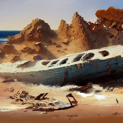 Image similar to shipwreck on a sandy beach on a sunny day, art by craig mullins, highly detailed, trending on artstation, award winning