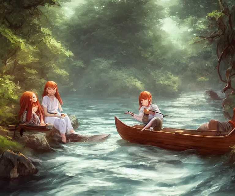 Image similar to a girl with long, flowing auburn hair, and a boy with short hair sitting together in a small wooden paddle boat sailing down a narrow river in a forest, rocky shore, trees, shady, blue waters, ripples, waves, reflections, details, sharp focus, illustration, by Jordan Grimmer and greg rutkowski, Trending artstation, pixiv, digital art