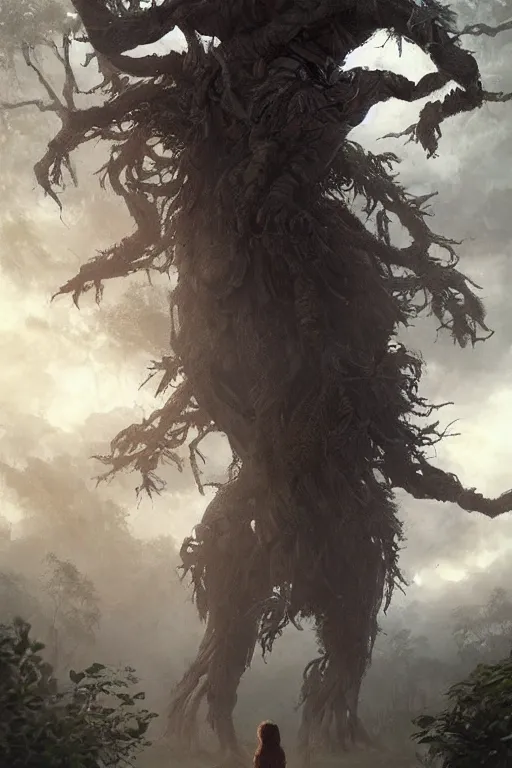 Prompt: a beautiful terrifying humanoid tree beast looms over a tiny human. at dawn, ethereal fantasy art by greg rutkowski