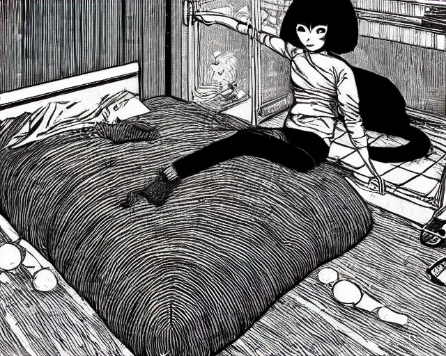 Prompt: junji ito's 'there's a large, black, shadowy cat under the bed', full width, zoomed out