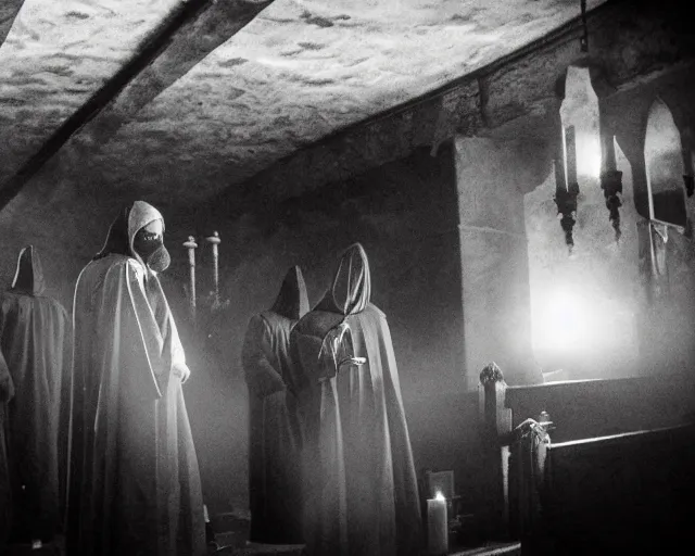 Image similar to a cultist ceremony, cultists with robes and masks, church interior, satanic church interior, the fog. horror lighting, found footage