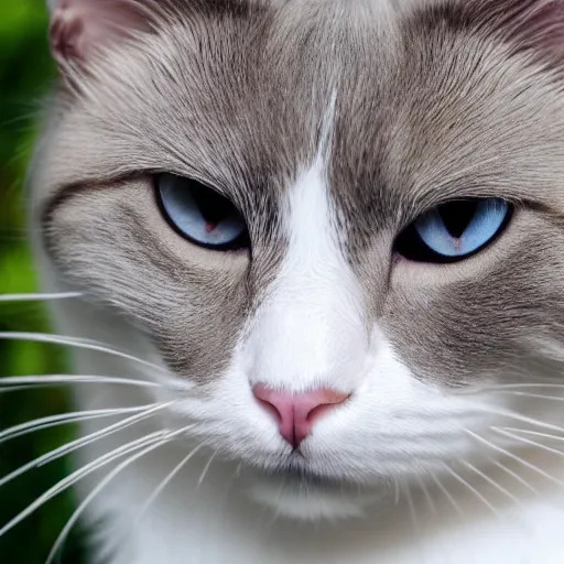 Image similar to cat closeup of nose, white ragdoll with grey colouring and a white blaze down across the nose