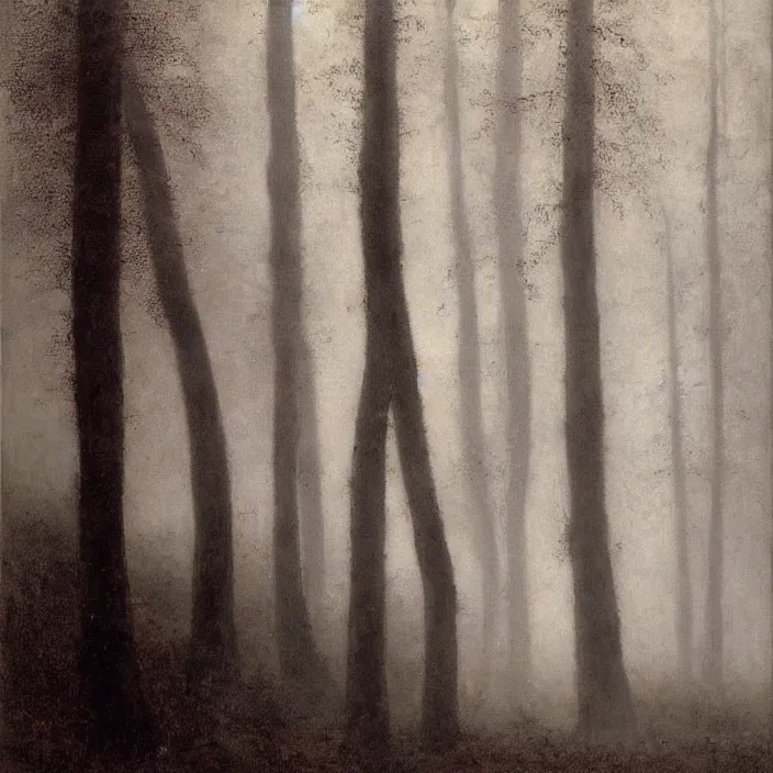 Image similar to a cloaked hooded figure in a foggy forest, by Odd Nerdrum