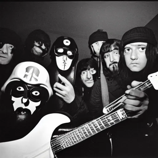 Prompt: MF DOOM and the Beatles recording a song in studio, photojournalism Kodak 5219, grainy image