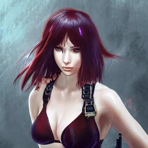 Prompt: concept art illustration of a beautiful young japanese christina hendricks natalie portman as lara croft motoko kusanagi anime protagonist, wearing tokyo harajuku street fashion combat warrior fantasy bikini, intricate, elegant, gorgeous, stunning, alluring, art by hyng tae kim, art style of blade and soul