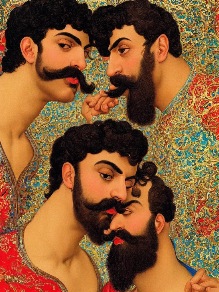 Image similar to close up portrait of 20 years old muscular persian iranian wrestlers handsome men with a mustache kiss by victor Nizovtsev and Botticelli