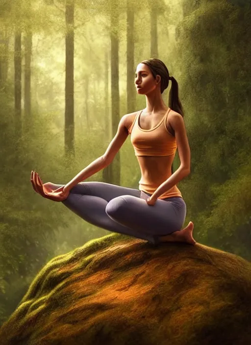 Image similar to young woman sitting in yoga pose : : forest nature : : weta disney pixar movie still photo : : decadent highly - detailed digital painting, full length shot, golden ratio, octane render, artstation, smooth, sharp focus, artgerm, mucha, loish, wlop, gogo