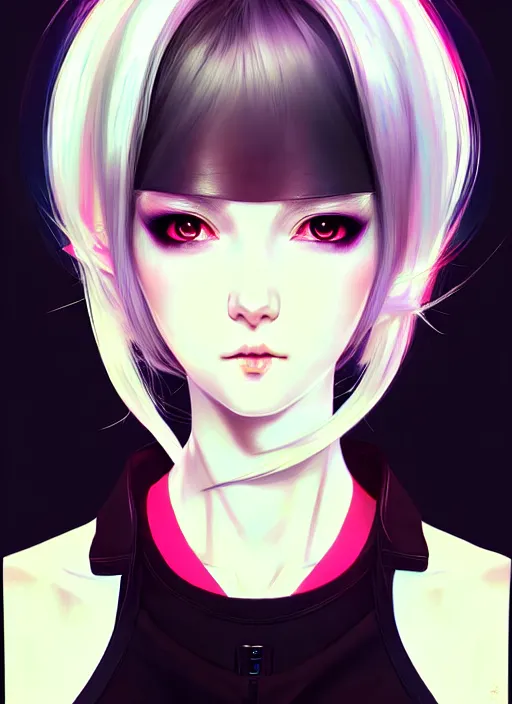 Image similar to portrait Anime girl cyberpunk, cute-fine-face, white-hair pretty face, realistic shaded Perfect face, fine details. Anime, cyberpunk. realistic shaded lighting by Ilya Kuvshinov and Gustav Klimt