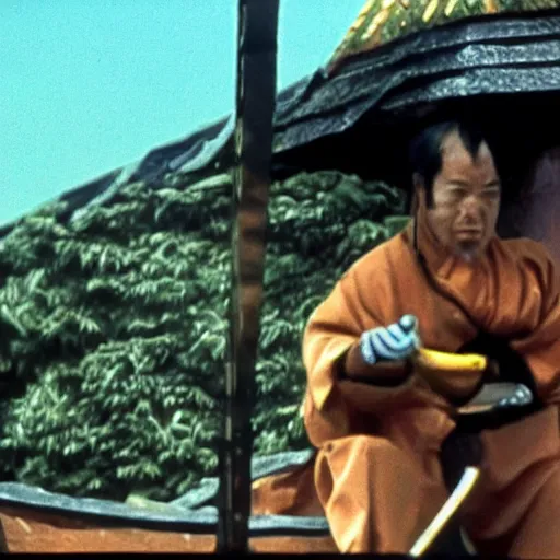 Prompt: a samurai eating a delicious hot dog, scene from Kagemusha, 1980, movie still, cinematic,