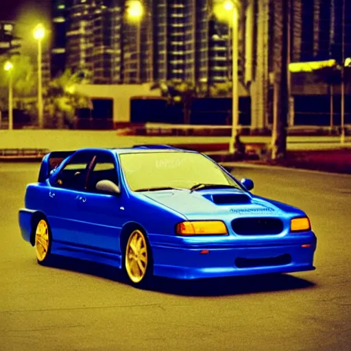 Prompt: retro 90s 97’ film photo harsh flash. Night time dark dimly lit parking lot. 1996 blue Subraru WRX STi front side view driving in parking lot. ((Polaroid)) harsh flash amateur photo (gold wheels intricate) ((motion blur)) ((low exposure)) aesthetic film grain. Japan 1997