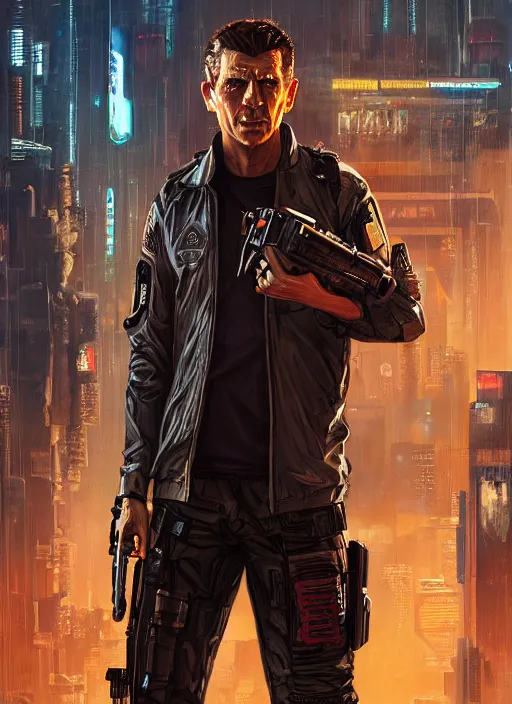 Image similar to andy griffith. cyberpunk mercenary in a cyberpunk jumpsuit ( blade runner 2 0 4 9, cyberpunk 2 0 7 7 ). orientalist portrait by john william waterhouse and james gurney and theodore ralli and nasreddine dinet, oil on canvas. cinematic, hyper realism, realistic proportions, dramatic lighting, high detail 4 k