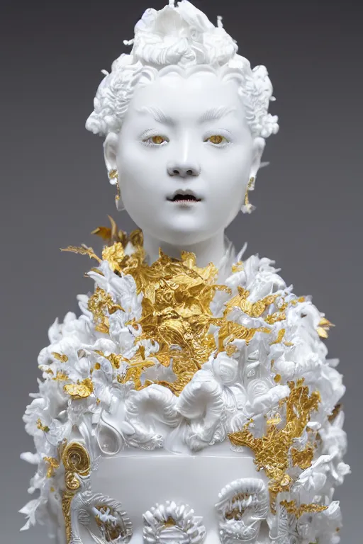 Image similar to full head and shoulders, beautiful female white, porcelain sculpture, with ornate willow china pattern, lots of ornate gold leaf 3 d japanese dragons attached to head by daniel arsham and james jean, on a white background, delicate facial features, white eyes, white lashes,