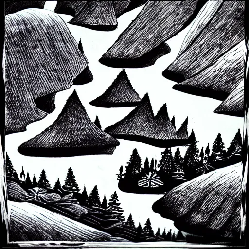 Prompt: zen mountains forest river ink