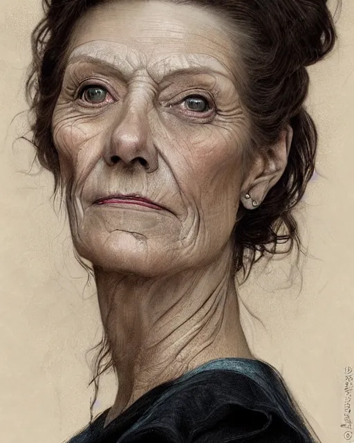 Image similar to portrait 6 0 - year - old woman, tall, severe - looking, with dark hair tied up in a bun, mcgonagall, wearing in black clothes, hyper realistic face, beautiful eyes, fantasy art, in the style of greg rutkowski, intricate, alphonse mucha, hyper detailed, smooth