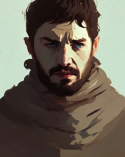 Prompt: portrait of 3 0 years old man from game of thrones by atey ghailan, by greg rutkowski, by greg tocchini, by james gilleard, by joe fenton, by kaethe butcher, dynamic lighting, gradient light blue, brown, blonde cream and white color scheme, grunge aesthetic
