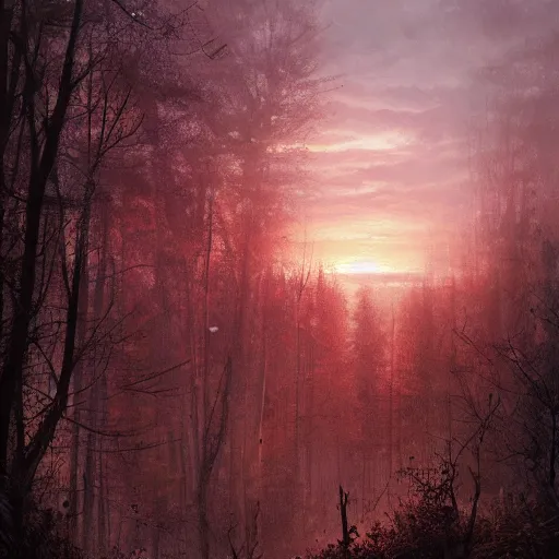 Prompt: view from window of beautiful forest with a sunset, high detail, dramatic light, digital art, dark, painted by seb mckinnon and greg rutkowski, trending on artstation