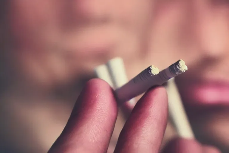 Image similar to Close-up of cigarette in five fingers, thin soft hand holding cigarette, hyper realistic, natural