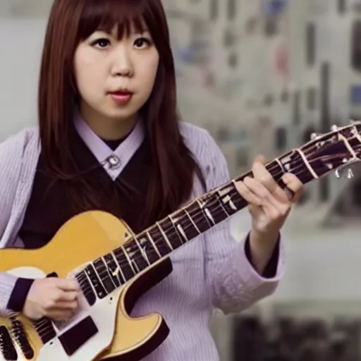 Image similar to real-life Yui Hirasawa playing with a Gibson Pre-'08 Les Paul Standard, a still of a Japanese music movie