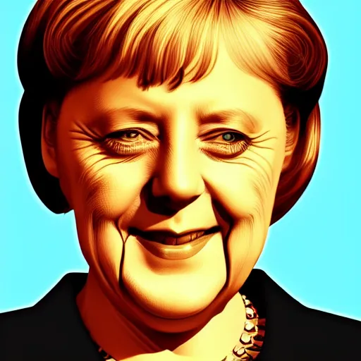 Image similar to smiling, happy, beautiful, intelligent, powerful, angela merkel, loving eyes, fully clothed, wise, beautiful, dramatic lighting, sharp focus, art deco patterns by stanley artgerm, retro futurism, dramatic lighting, trending on artstation, flat colour, geometric curves, gradient filter