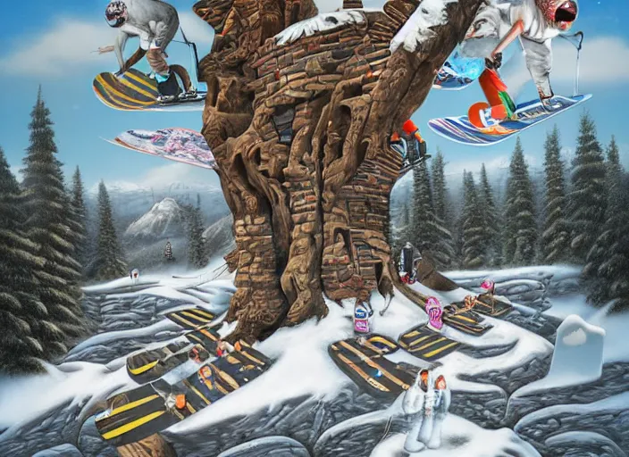 Prompt: a snowboard downhill that takes to a portal to another dimension, lowbrow, matte painting, 3 - d highly detailed, in the style of mark ryden,