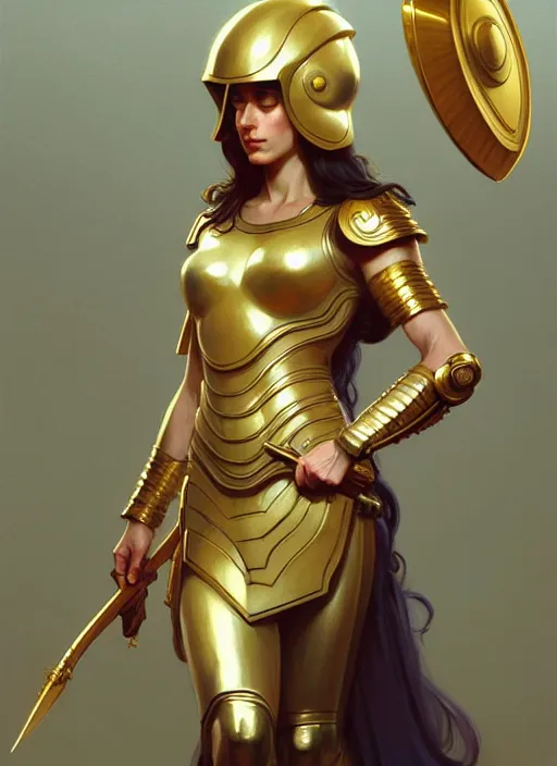 Image similar to character concept portrait of the goddess Athena with helmet and spear, shiny gold, intricate, elegant, digital painting, concept art, smooth, sharp focus, illustration, from Metal Gear, by Ruan Jia and Mandy Jurgens and William-Adolphe Bouguereau, Artgerm