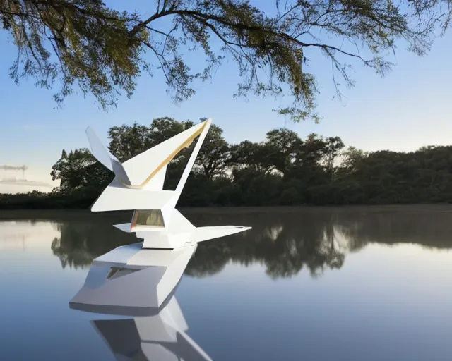 Image similar to photo of white minimalist abstract cubist sculpture of curvy spaceship with random small mecha mayan decorations, covered with few large white airplane parts with windows and doors, gigantic size, sunset lighting by a lake, the sculpture is reflected on the water