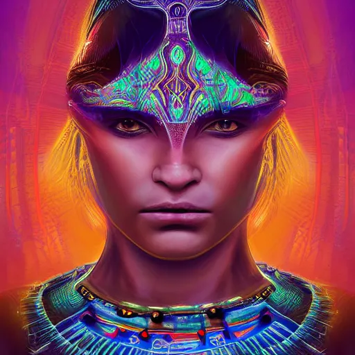 Image similar to portrait of a future metaverse Ayahuasca tech shaman warrior, 2D cartoon, visionary art, symmetric, Magick symbols, holy halo, shipibo patterns, sci-fi, concept art, trending on art station, 8k digital art, by Mandy Jurgens, fantasy portrait art, anime