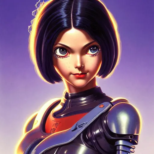 Prompt: head and shoulders portrait of battle angel alita, Apex Legends illustration, medium shot, intricate, elegant, highly detailed, digital art, ffffound, art by gil elvgren and greg manchess and sachin teng