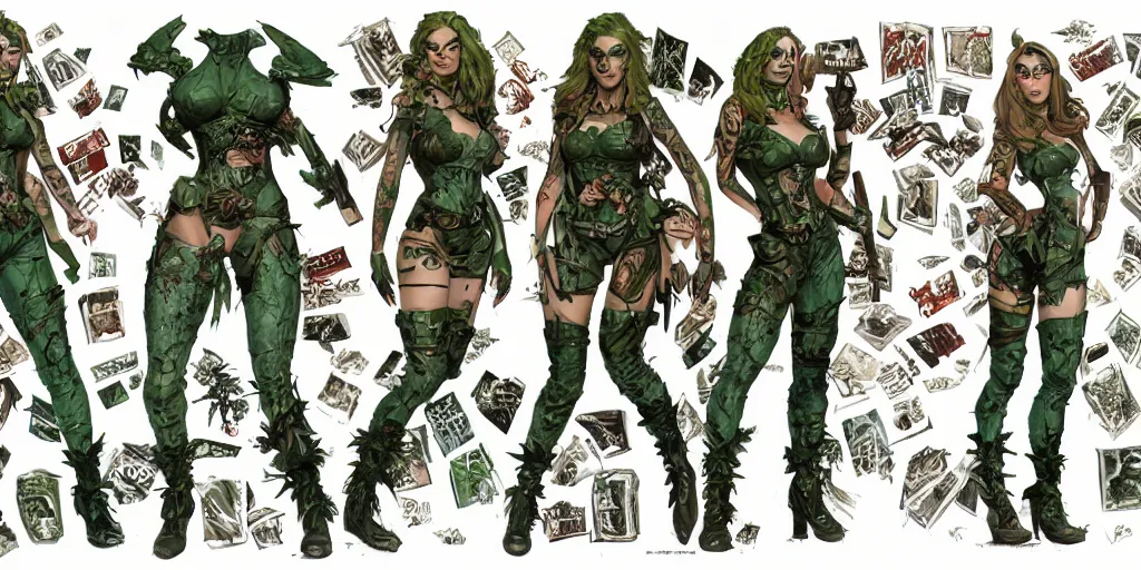 Prompt: poison ivy as a tattooed armored wanderer pinup, wearing scratched and ripped leather shorts and a short jacket full of stamps and stitches, character sheet, fine details, concept design, contrast, kim jung gi, greg rutkowski, trending on artstation, 8 k, full body, turnaround, front view, back view, ultra wide angle