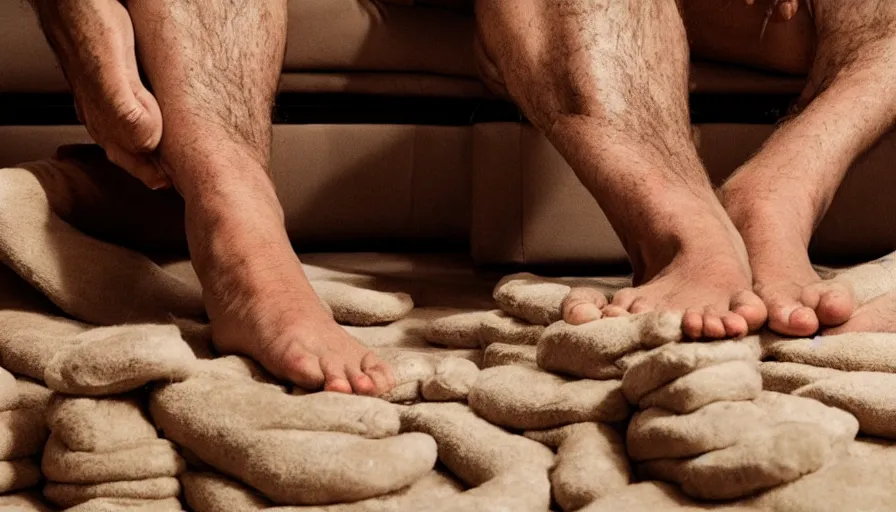 Image similar to Quentin Tarantino sitting on couch inside house made of human feet, close-up portrait photograph