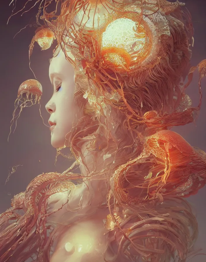 Image similar to goddess portrait. jellyfish phoenix head. intricate artwork by Tooth Wu and wlop and beeple. octane render, trending on artstation, greg rutkowski very coherent symmetrical artwork. cinematic, hyper realism, high detail, octane render, 8k, matte painting, peter mohrbacher, 3d