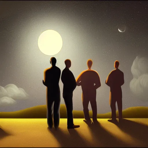 Prompt: a a group of men pondering their orb. masterpiece digital painting, moonlight lighting,
